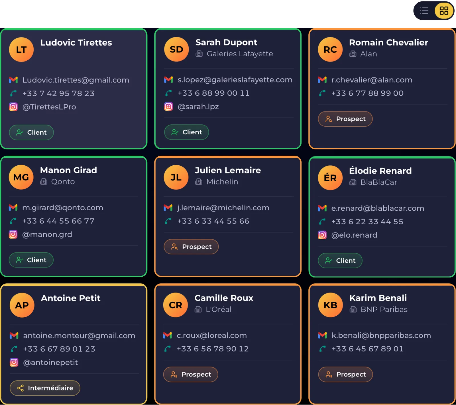 Klapy : fiches contacts clients, prospects et intermédiaires