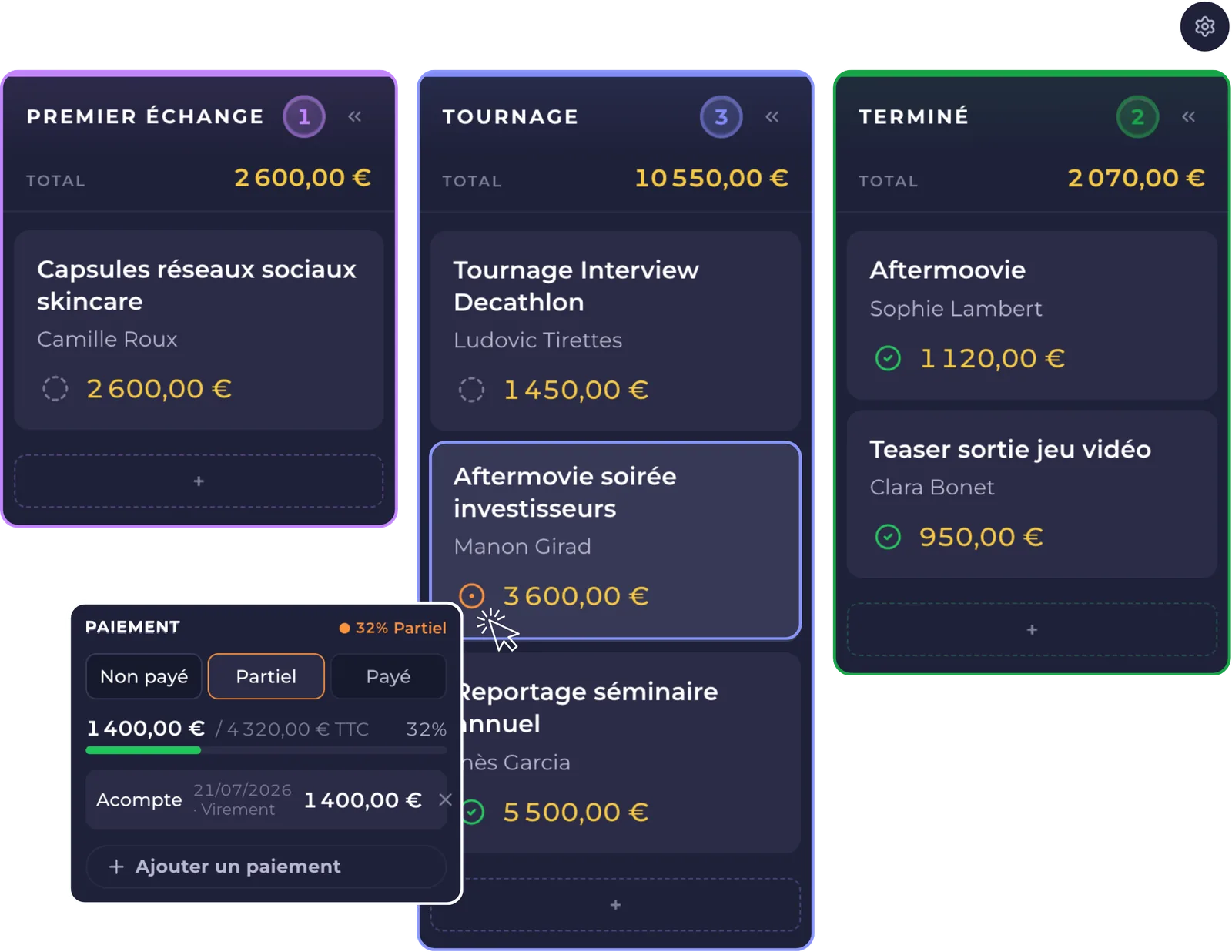 Klapy : pipeline des projets vidéo par étape, avec le suivi des paiements