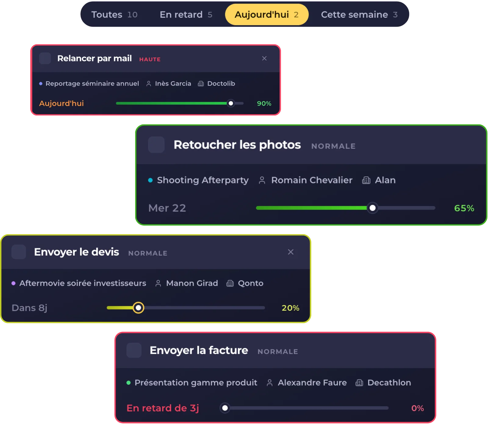 Klapy : tâches avec priorité, projet lié, échéance et avancement