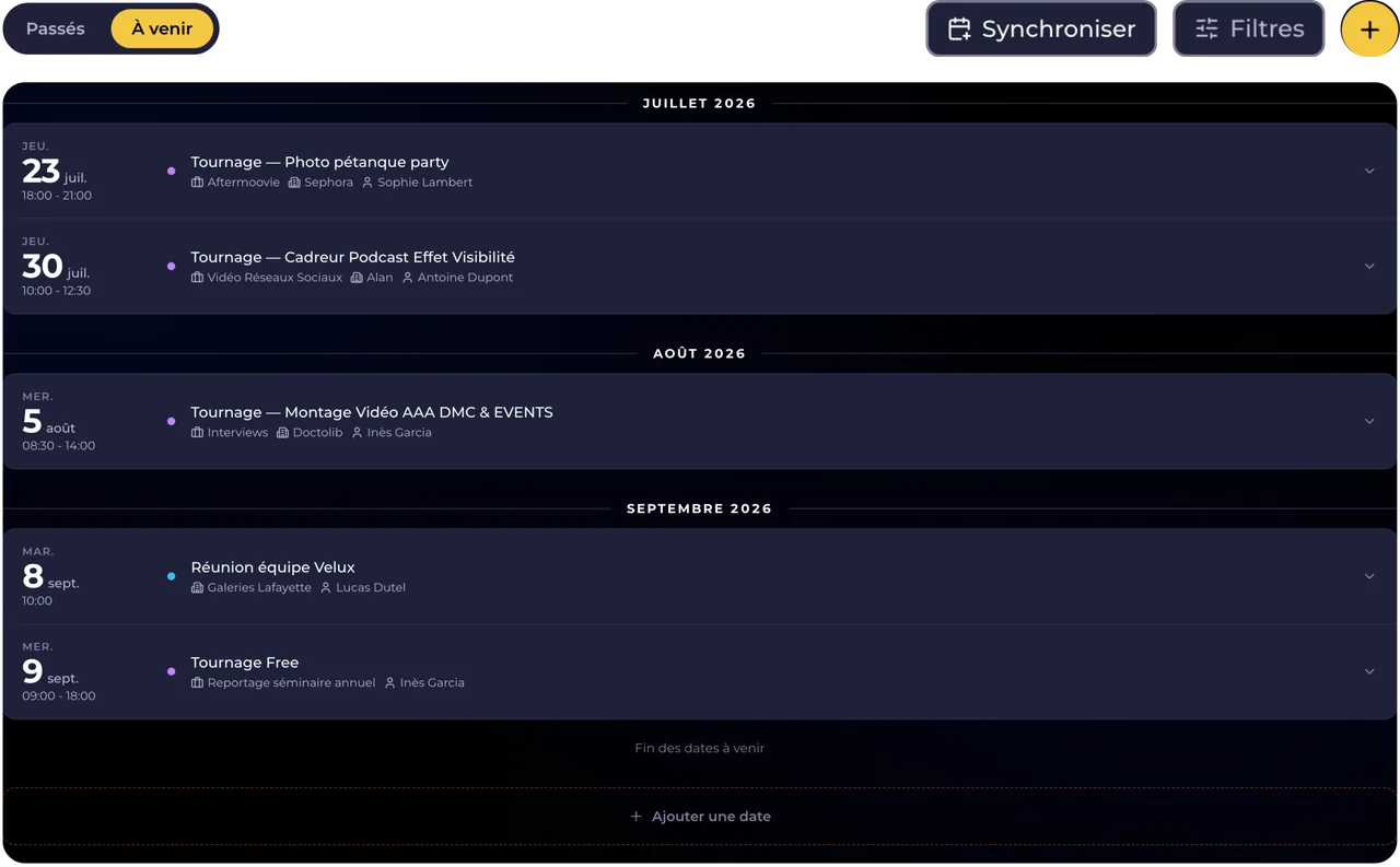 Planning Klapy : timeline des dates pro à venir et passées
