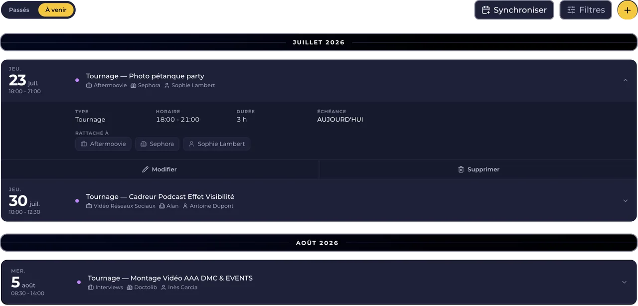 Planning Klapy : détail d'une date avec type, horaire, durée et projet lié
