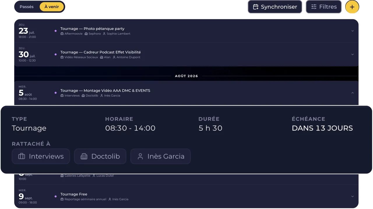 Planning Klapy : vue 100% pro, dates par mois