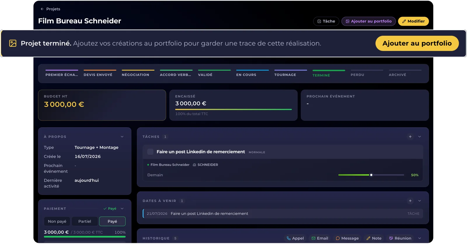 Klapy : un projet terminé, avec le bouton Ajouter au portfolio