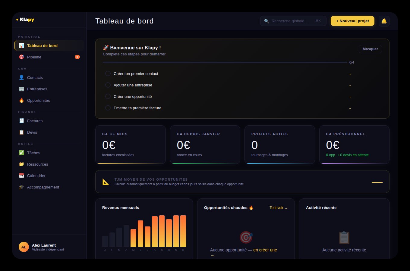Aperçu du dashboard Klapy — CRM vidéaste freelance